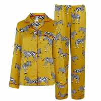 Chelsea Peers Button Up Satin Pyjama Set Zebra Mustard Дамски пижами
