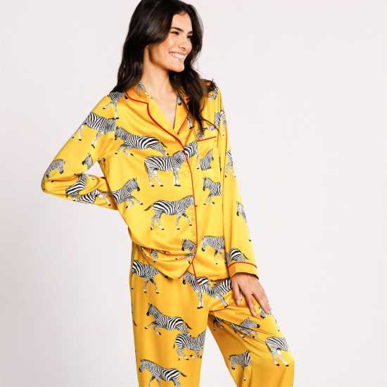 Chelsea Peers Satin Button Up Pyjama Set Zebra Mustard Дамски пижами