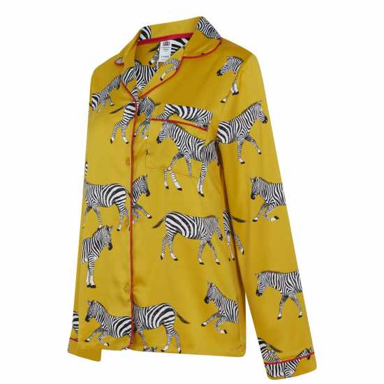 Chelsea Peers Satin Button Up Pyjama Set Zebra Mustard Дамски пижами