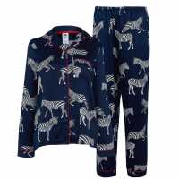 Chelsea Peers Satin Button Up Pyjama Set Zebra Navy Дамски пижами