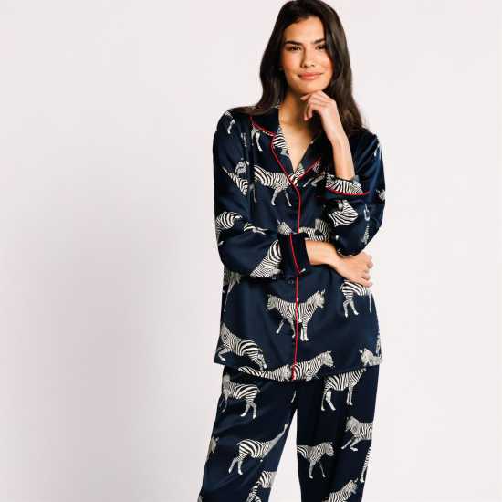 Chelsea Peers Satin Button Up Pyjama Set Zebra Navy Дамски пижами