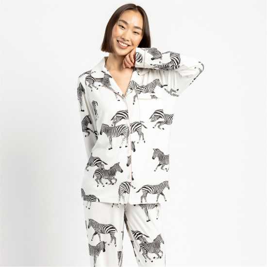 Chelsea Peers Button Up Pyjama Set White Zebra Дамски пижами