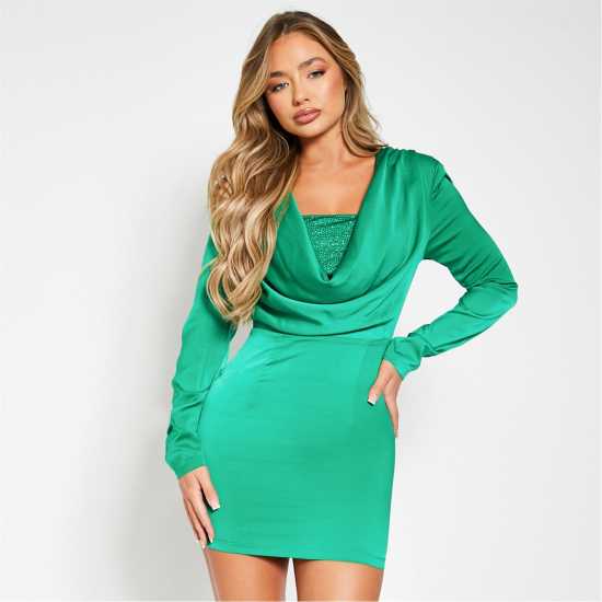 I Saw It First Satin Extreme Padded Shoulder Cowl Dress With Diamante Bralet Green Дамски поли и рокли
