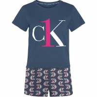 Calvin Klein Short Sleeve Pyjama Set Logo Seashr Ble Дамски пижами