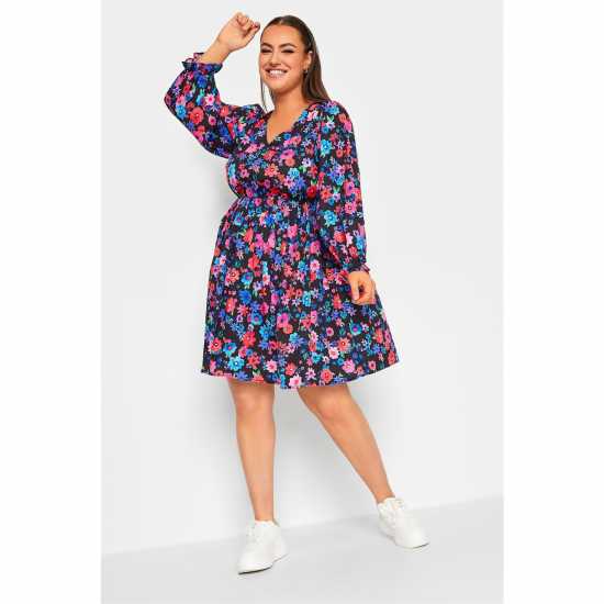 Curve Limited Collection Long Sleeve Bright Floral V Neck Dress  Дамски поли и рокли