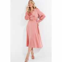 Средна Рокля Satin Long Sleeve Tie Waist Pink Midi Dress  Дамски поли и рокли