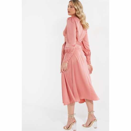 Средна Рокля Satin Long Sleeve Tie Waist Pink Midi Dress