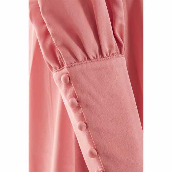 Средна Рокля Satin Long Sleeve Tie Waist Pink Midi Dress