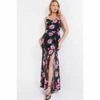 Floral Chiffon Cowl Neck Black/pink Maxi Dress