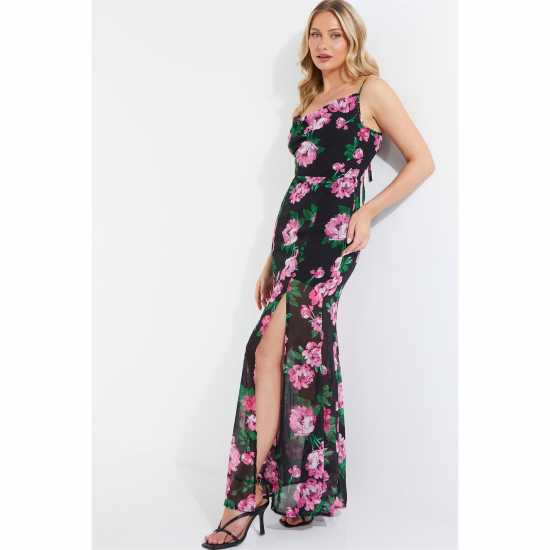 Floral Chiffon Cowl Neck Black/pink Maxi Dress  Дамски поли и рокли