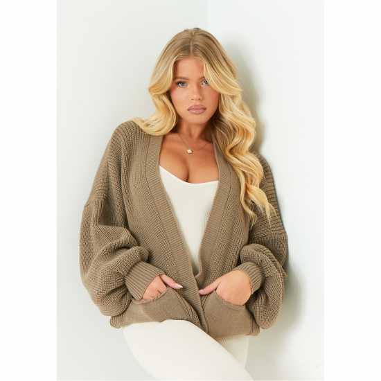 Плетена Жилетка Missy Empire Balloon Sleeve Cardigan Womens Моха Дамски пуловери и жилетки