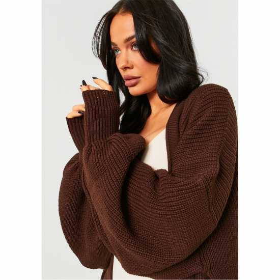 Плетена Жилетка Missy Empire Balloon Sleeve Knitted Cardigan Шоколад 