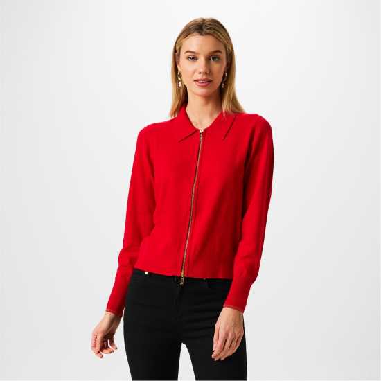 Biba Плетена Жилетка Zip Up Cardigan Червено Дамски пуловери и жилетки