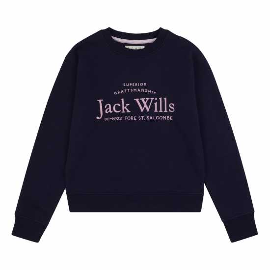 Блуза Обло Деколте Jack Wills Kids Girls Script Crew Neck Sweatshirt Морска синьо Детски горнища и пуловери