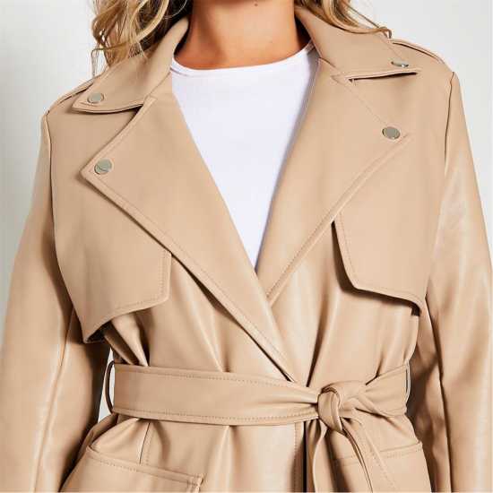 Belt Detail Faux Leather Coat  Дамски якета и палта