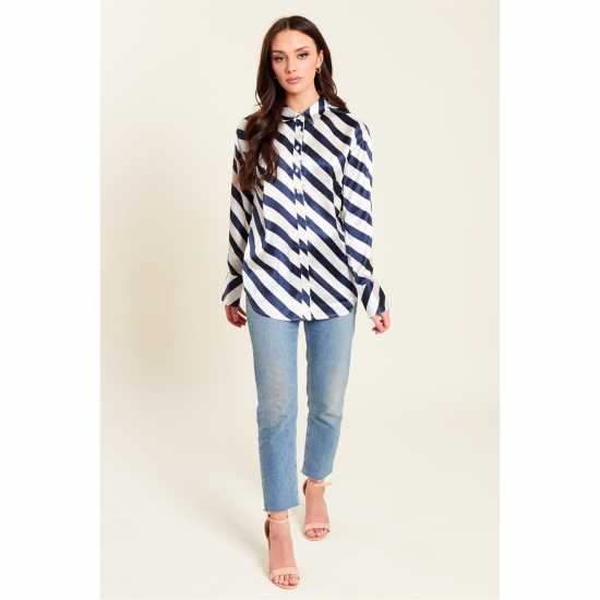 Stripe Satin Long-Sleeve Blouse  