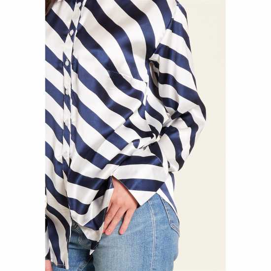 Stripe Satin Long-Sleeve Blouse  
