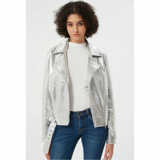 Кожено Яке Metallic Biker Leather Jacket Кожено Яке Metallic Biker Leather Jacket