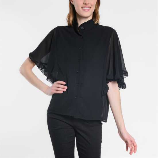 Frill Button Through Blouse Black Дамски ризи и тениски