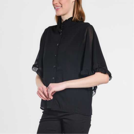 Frill Button Through Blouse Black Дамски ризи и тениски