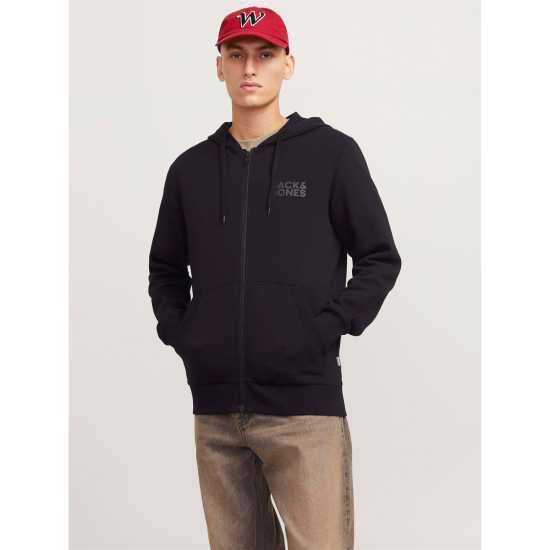 Jack And Jones Logo Sweat Zip Hood Mens Black Jack And Jones Logo Sweat Zip Hood Mens Black