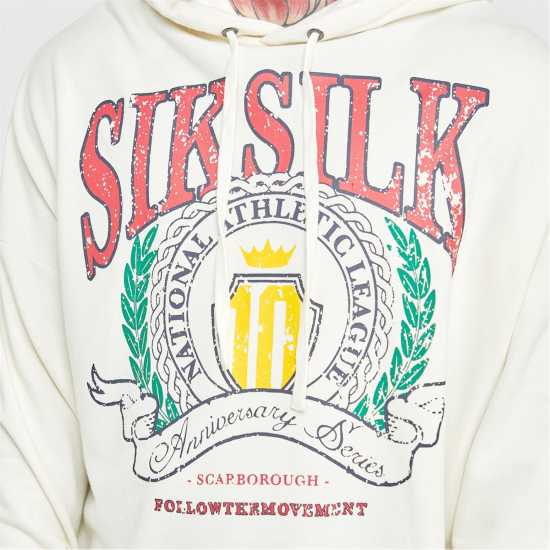 Siksilk Ecru Varsity Anniversary Print Oth Hoodie Mens Светло бежово Мъжки суитчъри и блузи с качулки