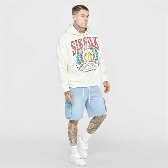Siksilk Ecru Varsity Anniversary Print Oth Hoodie Mens Светло бежово Мъжки суитчъри и блузи с качулки