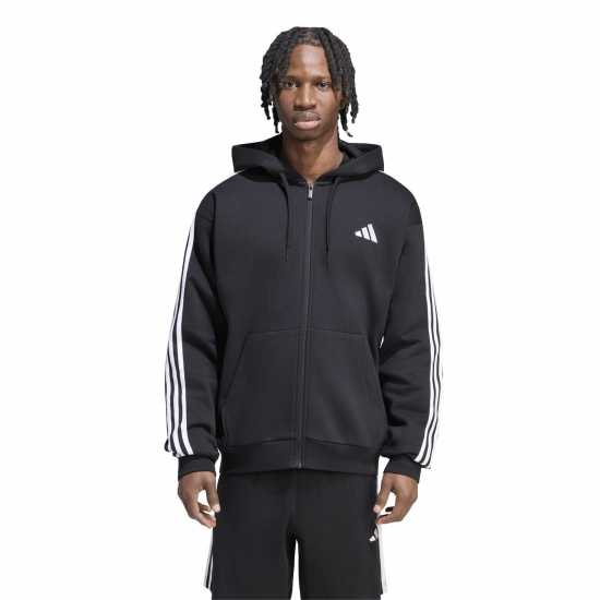 Adidas Essentials Fleece 3-Stripes Full-Zip Hoodie Mens Black/White 