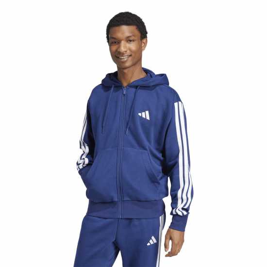 Adidas Essentials Fleece 3-Stripes Full-Zip Hoodie Mens Navy/White Adidas Essentials Fleece 3-Stripes Full-Zip Hoodie Mens Navy/White