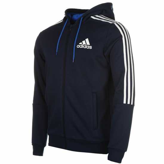 Adidas Essentials Fleece 3-Stripes Full-Zip Hoodie Mens Морско синьо/Бяло Мъжки суитчъри и блузи с качулки