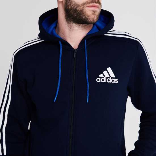 Adidas Essentials Fleece 3-Stripes Full-Zip Hoodie Mens Морско синьо/Бяло Мъжки суитчъри и блузи с качулки