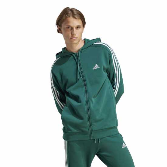 Adidas Fleece 3-Stripes Full-Zip Hoodie Mens Col Green/White Мъжки суитчъри и блузи с качулки
