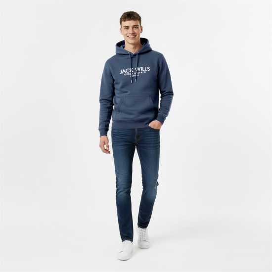 Jack Wills Batsford Logo Hoodie Mens Faded Indigo Мъжки суитчъри и блузи с качулки