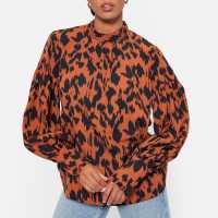 I Saw It First Printed High Neck Deep Cuff Blouse Brown Leopard Дамски ризи и тениски