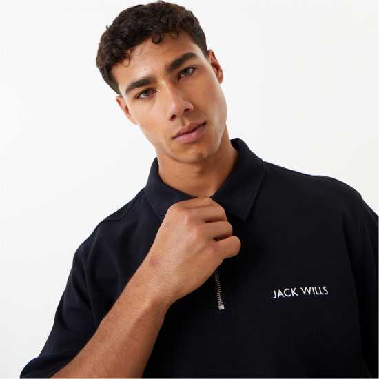 Jack Wills Interlock Zip Polo Black Мъжки тениски с яка