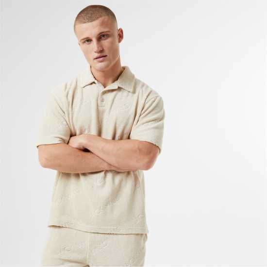 Блуза С Яка Jack Wills Logo Repeat Towelling Polo Shirt Stone - Мъжки тениски с яка