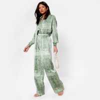 I Saw It First Printed Wide Leg Satin Trousers Co-Ord GREEN PAISLEY Дамско облекло плюс размер