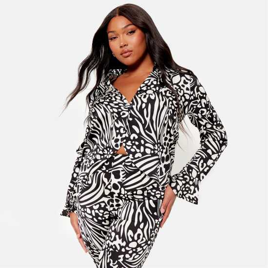 I Saw It First Abstract Print Curved Hem Frill Sleeve Blouse Co-Ord