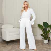 Textured Wide Leg Trousers Co-Ord White Дамско облекло плюс размер