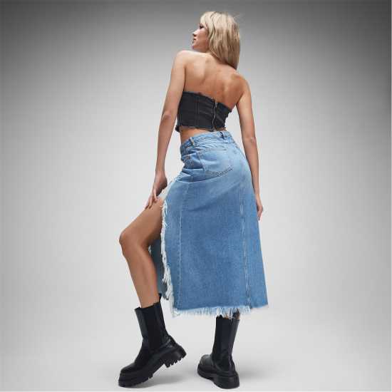 Split Hem Distressed Raw Hem Denim Maxi Skirt  Дамско облекло плюс размер
