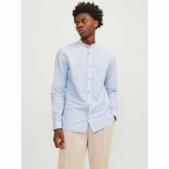 Jack And Jones Long-Sleeve Buttoned Linen Shirt Кешмир Син 