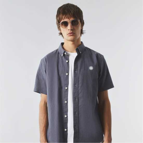 Pretty Green Linen Short Sleeve Shirt Тъмно сиво Мъжки ризи