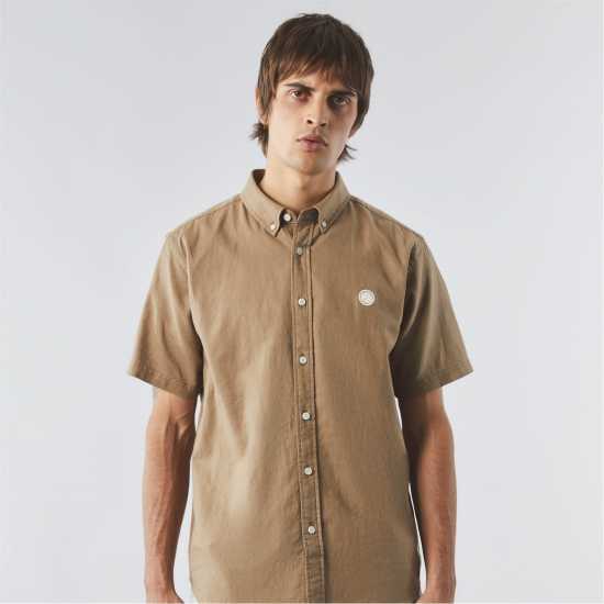 Pretty Green Linen Short Sleeve Shirt Хаки Мъжки ризи