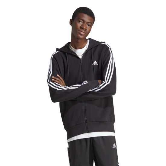 Adidas Essentials French Terry 3-Stripes Zip Hoodie Mens Черно/Бяло Футболни екипи за бягане