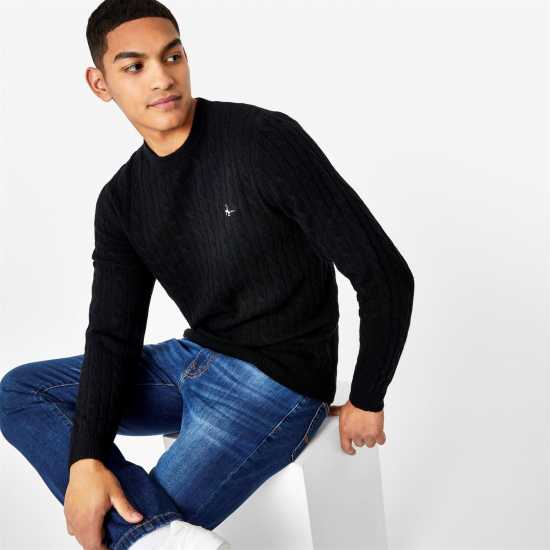 Jack Wills Marlow Merino Wool Blend Cable Knitted Jumper Men Черно Jack Wills Marlow Merino Wool Blend Cable Knitted Jumper Men Черно