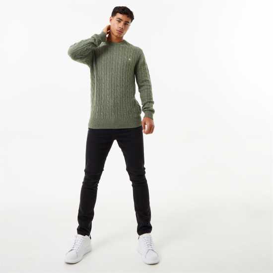 Jack Wills Marlow Merino Wool Blend Cable Knitted Jumper Mid Green Marl Мъжки пуловери и жилетки