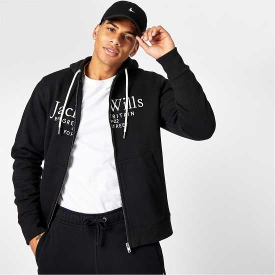 Jack Wills Graphic Zip Hoodie Mens Черно Мъжки суитчъри и блузи с качулки