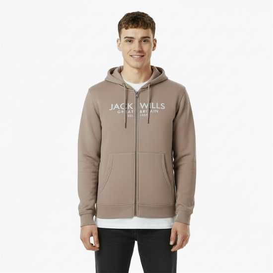 Jack Wills Pinebrook Graphic Zip Hoodie Mens Бледо кафяво 