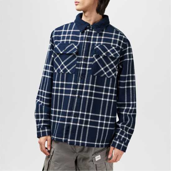 Firetrap Мъжка Риза Borg Check Overshirt Mens Морска синьо Мъжки ризи