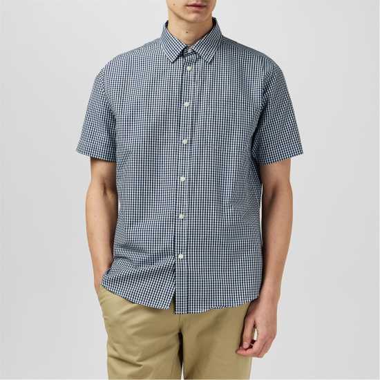 Мъжки ризи Fabric Мъжка Риза Short Sleeve Poplin Shirt Mens Синьо гингам Fabric Мъжка Риза Short Sleeve Poplin Shirt Mens Синьо гингам Мъжки ризи